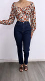 Jane Floral Long Sleeve Corset Top- Taupe Multi