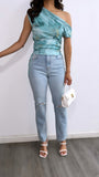 Marble Assymetrical Ruched Top- Seafoam