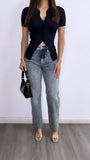 Gianna Ribbed Button Down Top- Black