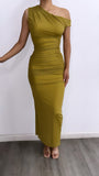 Cocktail Hour Assymetrical Mesh Maxi Dress- Kiwi