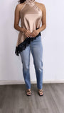 To The Good Nights Lace Halter Satin Top- Mocha