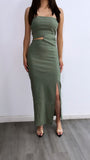 Call The Shots Cut Out Midi Dress- Olive