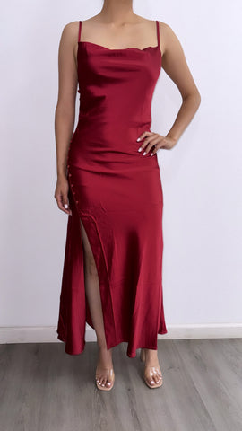 Cosa Nuestra Satin Maxi Dress- Burgandy