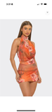 Tropicoqueta Rhinestone Halter Mesh Mini Dress- Orange Multi