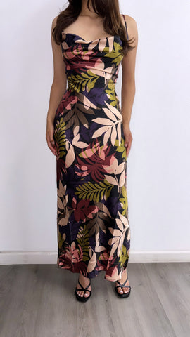 Sweet Paradise Satin Floral Maxi Dress- Black Multi