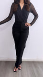 Elena Sheer Glitter Long Sleeve Bodysuit- Black