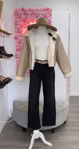 Nighttime Dreamer Faux Leather Sherpa Jacket- Beige