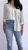 Elora Oversized Striped Button Down Top- White/Sage