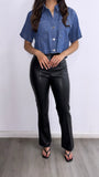 Henley Oversized Boxy Short Sleeve Denim Top- Dark Wash