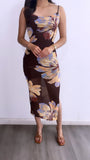 Sun Kissed Tropical Floral Midi Dress- Brown Multi