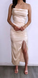 Elegant Moments Satin Ruched Maxi Dress- Ivory