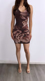 Garden Cocktail Floral Halter Mesh Mini Dress- Brown