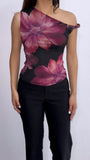 Salma Assymetrical Floral Mesh Top-Black/Pink