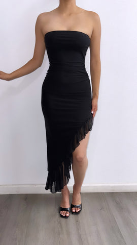 Sabor A Mi Ruffled Hi-Low Midi Dress- Black