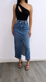 Luke High Rise Midi Denim Skirt- Medium Wash