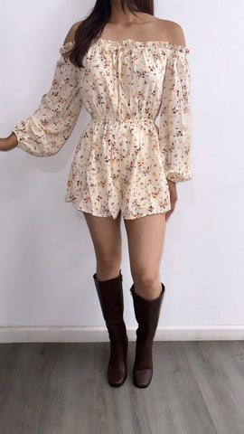 Much To Love Floral Off Shoulder Romper- Cream