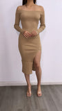 Natural Charm Off Shoulder Ribbed Midi Dress- Taupe