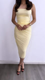 She’s Posh Ruched Mesh Midi Dress- Pastel Yellow