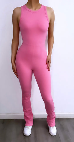 SNATCHED Ribbed Flared Jumpsuits/Unitard- Pink