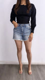 Jesus Mid Rise Denim Shorts- Medium Wash