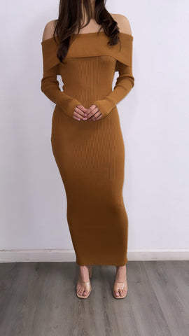 Rosalee Off Shoulder Knitted Maxi Dress- Camel