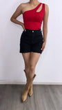 Elma Assymetrical Cut Out Bodysuit- Red
