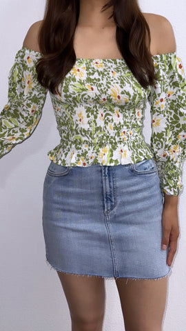 Oliviette Floral Smocked Long Sleeve Top- Green