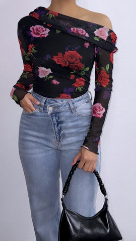 Lover Girl Floral Assymetrical Top- Black