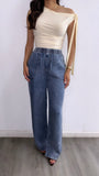 Franco High Rise Washed Denim Flowy Pants- Medium Wash