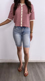 Bailey Striped Button Down Cardigan Top- Red/Cream