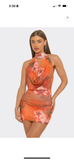 Tropicoqueta Rhinestone Halter Mesh Mini Dress- Orange Multi