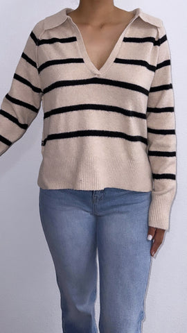 Janie Striped Oversized Sweater Top- Taupe/Black