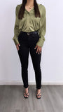 Grecy Satin Button Down Top- Olive