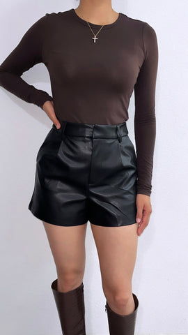 Night Dreamer High Rise Faux Leather Shorts- Black