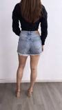 Jesus Mid Rise Denim Shorts- Medium Wash