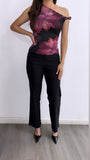 Salma Assymetrical Floral Mesh Top-Black/Pink
