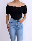 Ciara Eyelet Off Shoulder Crop Top- Black