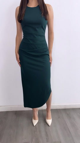 Lead You On Ruched Midi Dress- Hunter Green