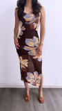 Sun Kissed Tropical Floral Midi Dress- Brown Multi