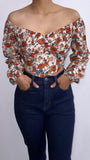 Jane Floral Long Sleeve Corset Top- Taupe Multi