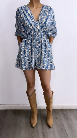 Feeling Groovy Flowy Romper- Blue/White
