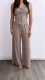 Arena Two Piece Striped Vest + Flowy Pant Set- Mocha/White