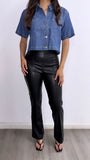 Henley Oversized Boxy Short Sleeve Denim Top- Dark Wash