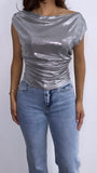 Suleyma Assyemetrical Mettalic Ruched Top- Silver