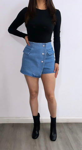 Jaxx High Rise Denim Mini Wrap Skort- Medium Wash