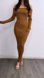 Rosalee Off Shoulder Knitted Maxi Dress- Camel