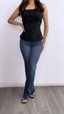 Leslie Front Slit Button Down Top- Black
