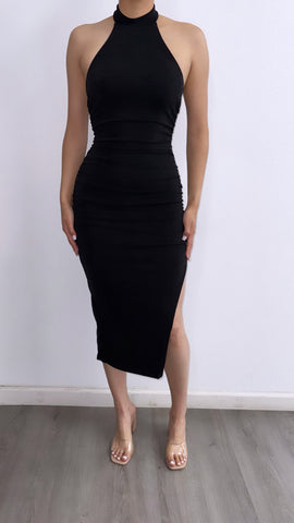 Take A Chance Halter Midi Dress- Black