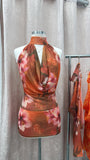 Tropicoqueta Rhinestone Halter Mesh Mini Dress- Orange Multi