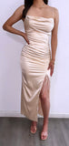 Elegant Moments Satin Ruched Maxi Dress- Ivory